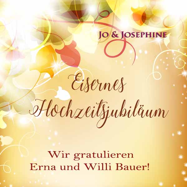 Glückwunsch zur Eisernen Hochzeit personalisiertes CD-Cover auf gelbem Hintergrund mit Blättern