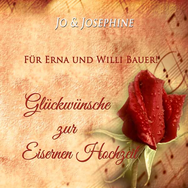 Geschenk zur Eisernen Hochzeit Glückwünscpersonalisiertes CD-Cover mit roter Rose auf Notenpapier