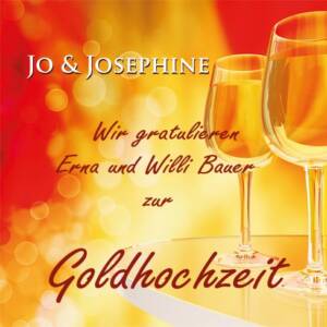 Lieder zur Goldhochzeit personalisiertes CD-Cover mit Weingläsern auf gelb-rotem Hintergrund